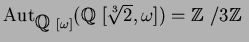 $\operatorname{Aut}_{\mbox{${\Bbb Q}$ }[\omega]}(\mbox{${\Bbb Q}$ }[\sqrt[3]{2},\omega])={\mbox{${\Bbb Z}$ }}/3{\mbox{${\Bbb Z}$ }}$