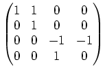 $\displaystyle \begin{pmatrix}
1 &1 &0 &0 \\
0 &1 &0 &0 \\
0 &0 &-1 &-1\\
0 &0 &1 &0
\end{pmatrix}$