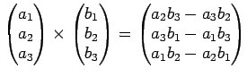 $\displaystyle \begin{pmatrix}
a_1 \\
a_2 \\
a_3
\end{pmatrix}\times
\begin{p...
...in{pmatrix}
a_2 b_3-a_3 b_2\\
a_3 b_1-a_1 b_3\\
a_1 b_2-a_2 b_1
\end{pmatrix}$