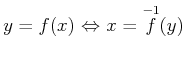 $\displaystyle y=f(x)  {\Leftrightarrow} x=\overset{-1}{f}(y)
$