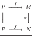 $\displaystyle \begin{CD}
P @>\hat f >>M \\
@\vert @V\pi VV \\
P @>f >> N
\end{CD}$