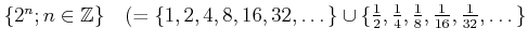 % latex2html id marker 1112
$ \{2^n;n\in {\mbox{${\mathbb{Z}}$}}\}\quad
(=\{1,...
...\}\cup \{\frac{1}{2},\frac{1}{4},
\frac{1}{8},\frac{1}{16},\frac{1}{32},\dots\}$