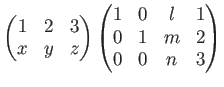 $\displaystyle \begin{pmatrix}
1 & 2 & 3 \\
x & y & z \\
\end{pmatrix}\begin{pmatrix}
1 &0 & l & 1 \\
0 &1 & m & 2 \\
0 &0 & n & 3
\end{pmatrix}$