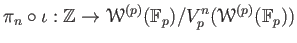 $\displaystyle \pi_n\circ \iota: \mathbb{Z}
\to
\mathcal W^{(p)}(\mathbb{F}_p)/V_p^n (\mathcal W^{(p)}(\mathbb{F}_p))
$