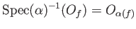 $\displaystyle \operatorname{Spec}(\alpha)^{-1}(O_f)=O_{\alpha(f)}
$